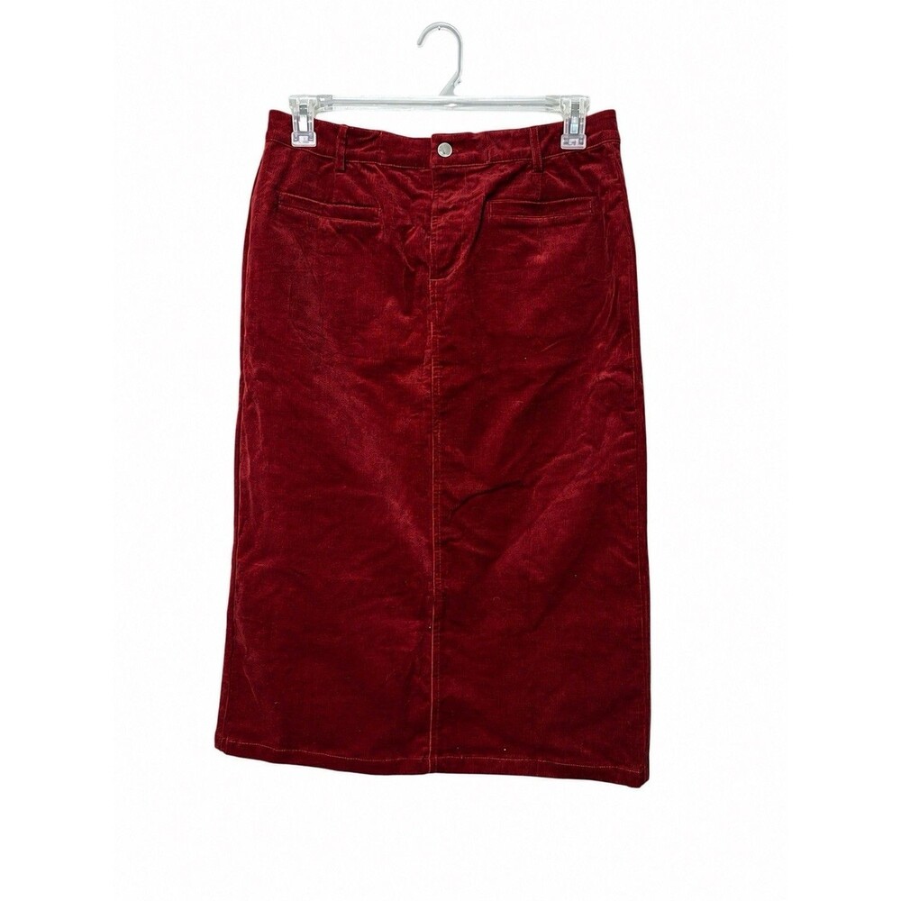 Luvamia Dark Red Corduroy Midi Skirt Stretch Cotton Pencil Skirt Size L